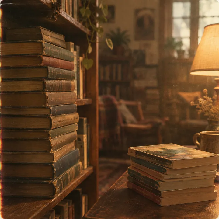 Стопка потрёпанных книг на деревянной полке