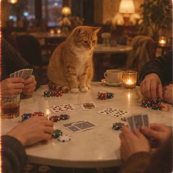 Рыжий кот на круглом столе среди игральных карт